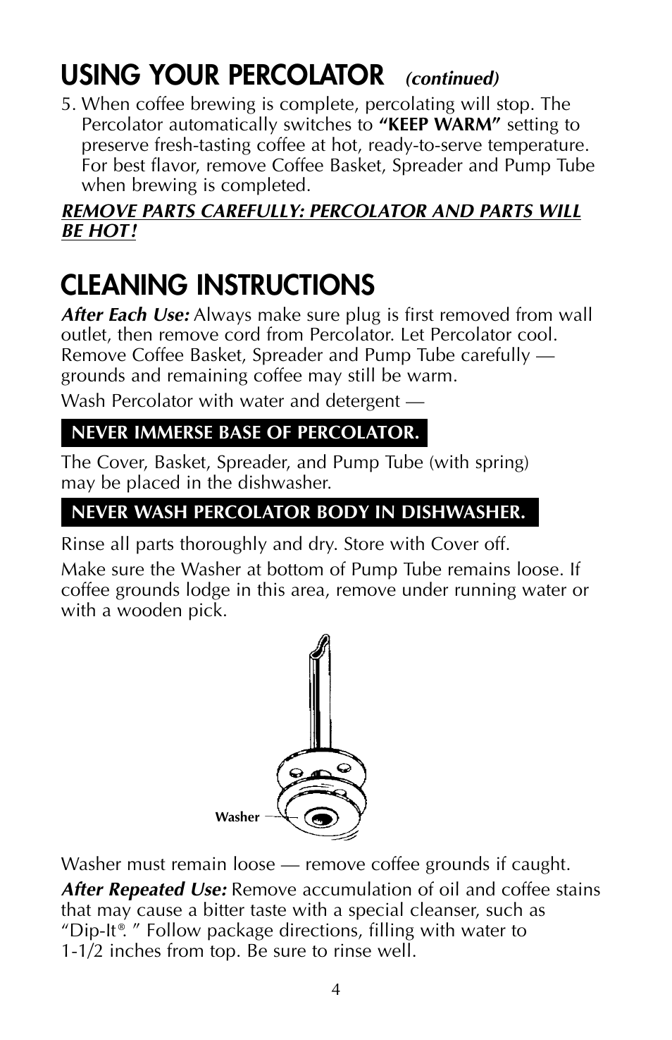 Using your percolator, Cleaning instructions | FARBERWARE AUTOMATIC STAINLESS STEEL PERCOLATORS FCP 240 User Manual | Page 5 / 6