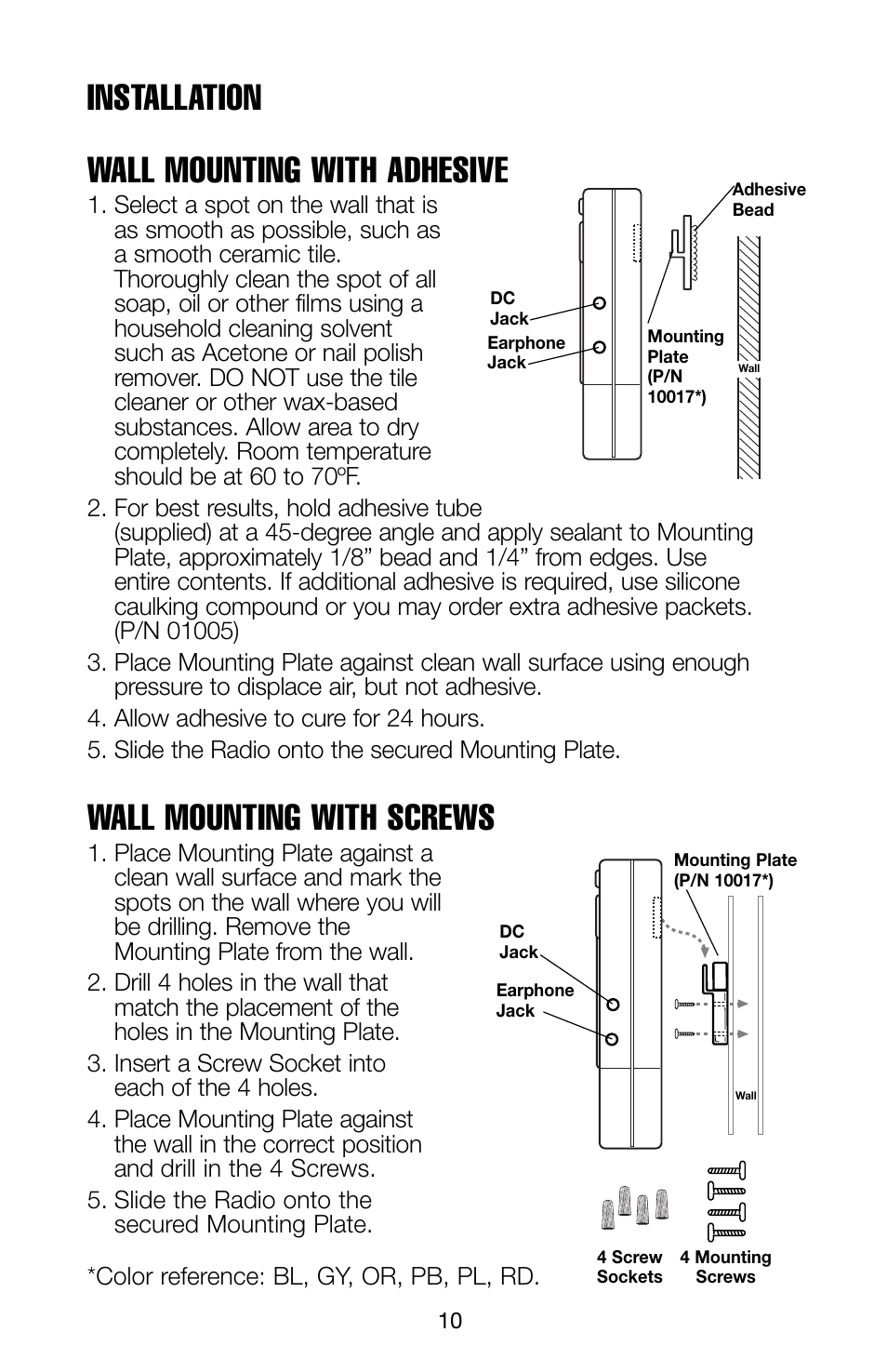 Installation wall mounting with adhesive, Wall mounting with screws | Salton, Inc WT51GY User Manual | Page 11 / 12