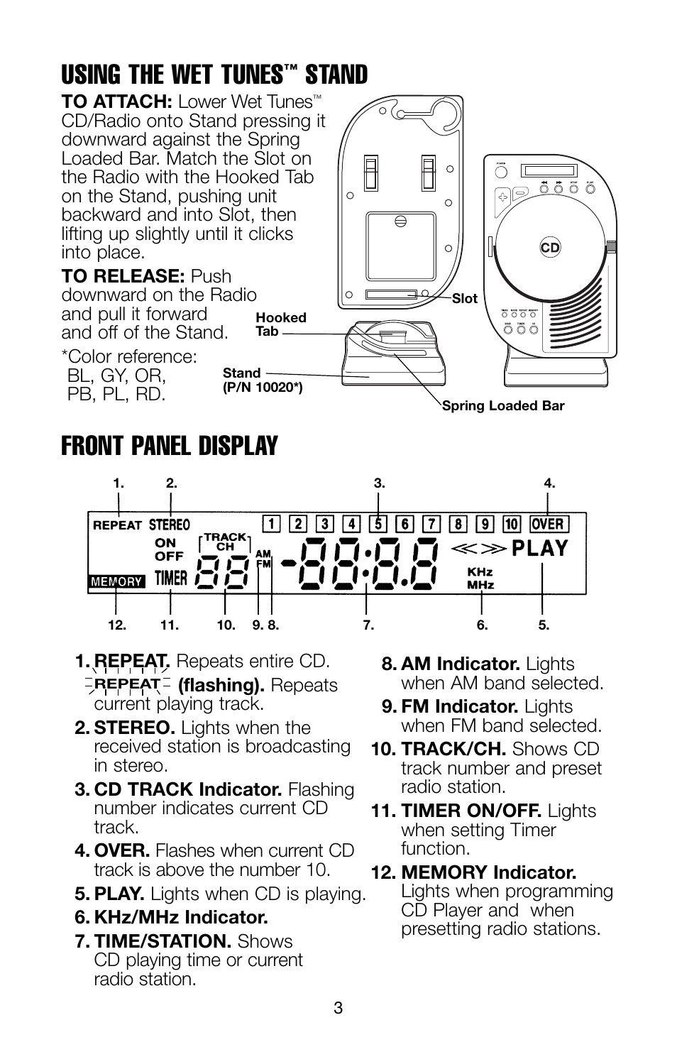 Front panel display, Using the wet tunes, Stand | Salton, Inc WT51GY User Manual | Page 4 / 12