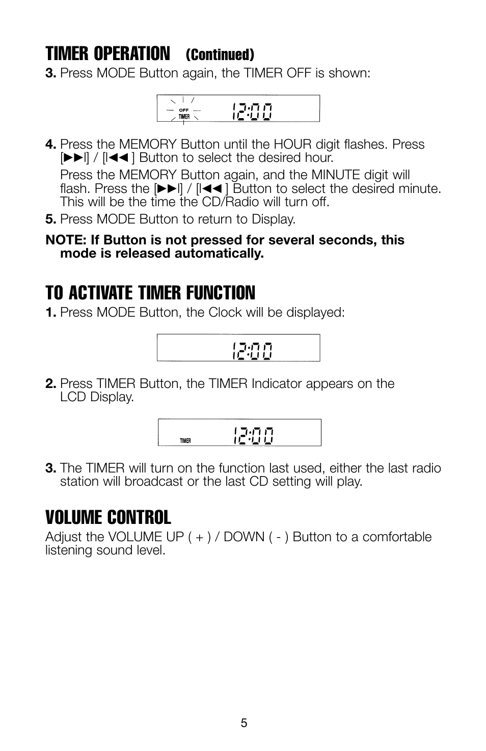 Timer operation, Volume control, Continued) | Salton, Inc WT51GY User Manual | Page 6 / 12