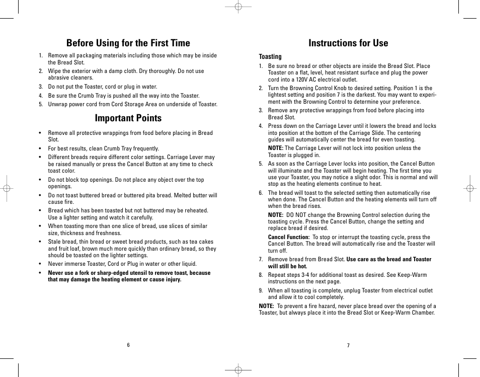 Before using for the first time, Important points, Instructions for use | Salton, Inc GFT1R User Manual | Page 6 / 12