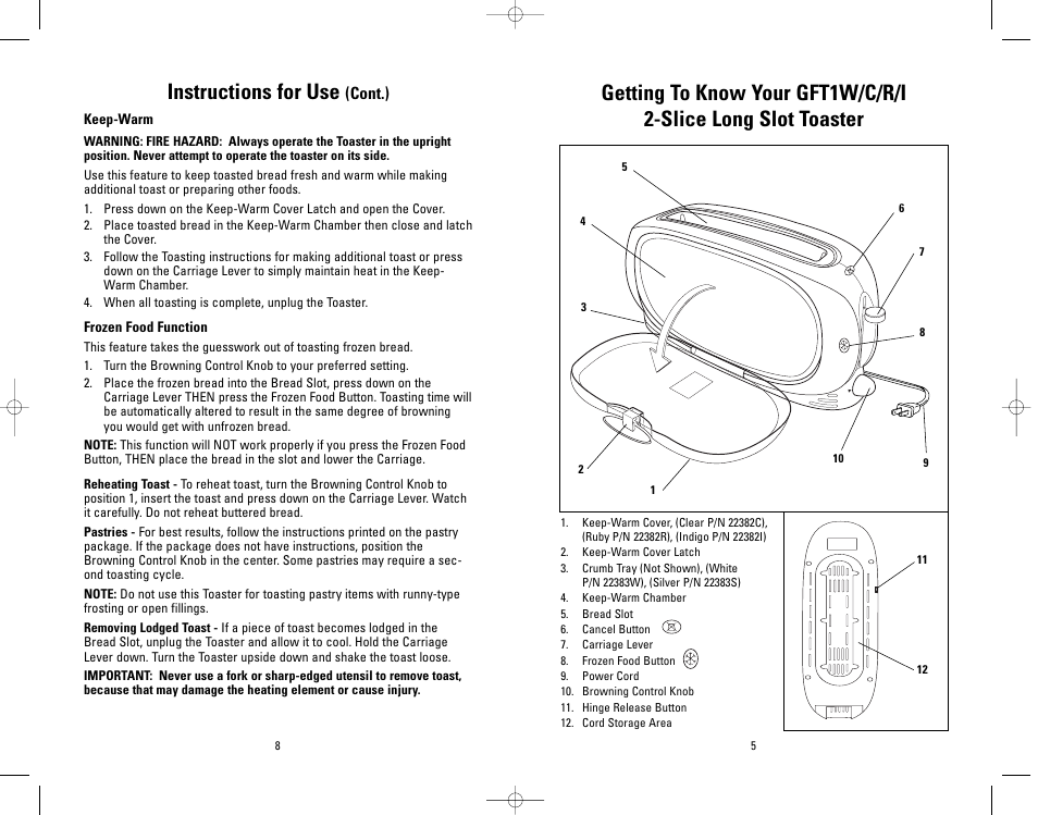 Instructions for use, Cont.) | Salton, Inc GFT1R User Manual | Page 8 / 12