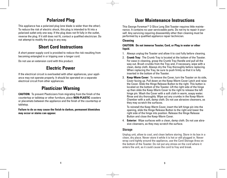 Polarized plug, Short cord instructions, Electric power | Plasticizer warning, User maintenance instructions | Salton, Inc GFT1R User Manual | Page 9 / 12