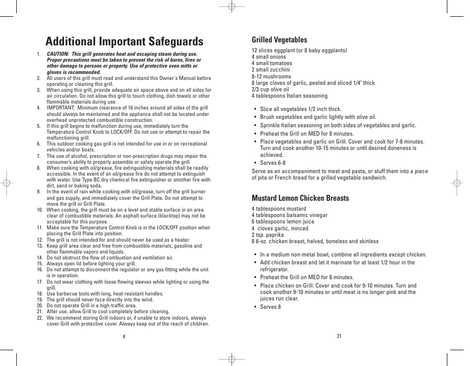 Additional important safeguards, Grilled vegetables, Mustard lemon chicken breasts | Salton, Inc GP160A User Manual | Page 4 / 24