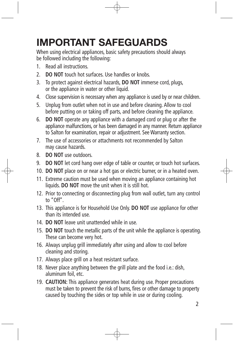 Important safeguards | Salton, Inc SG-1207 User Manual | Page 2 / 8