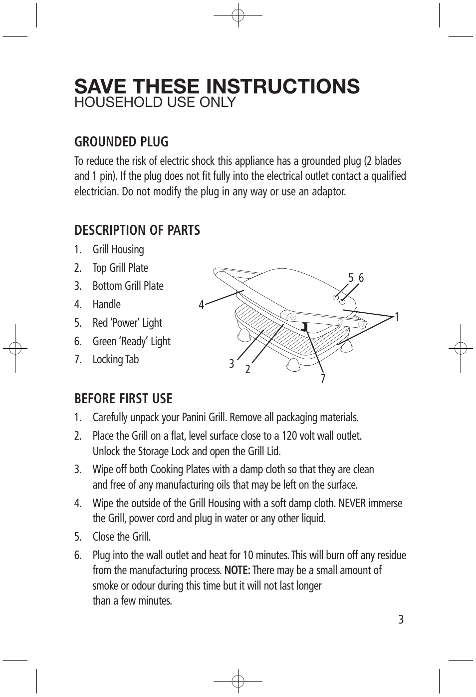 Save these instructions | Salton, Inc SG-1207 User Manual | Page 3 / 8