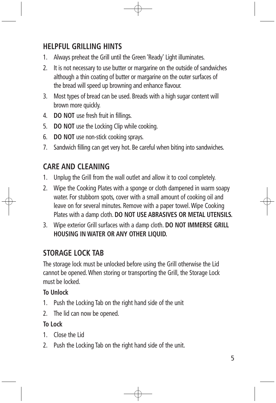 Helpful grilling hints, Care and cleaning, Storage lock tab | Salton, Inc SG-1207 User Manual | Page 5 / 8