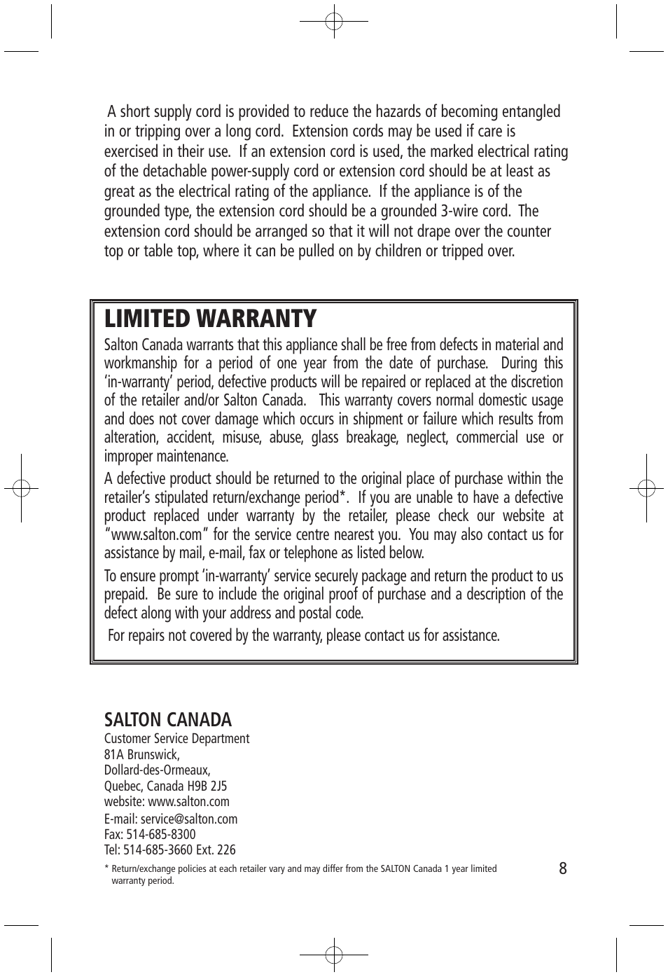 Limited warranty, Salton canada | Salton, Inc SG-1207 User Manual | Page 8 / 8