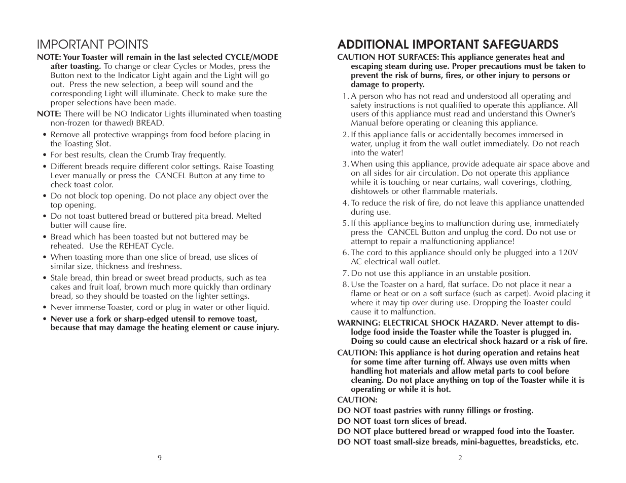 Important points, Additional important safeguards | FARBERWARE 2 SLICE TOASTER FAC200T User Manual | Page 11 / 12