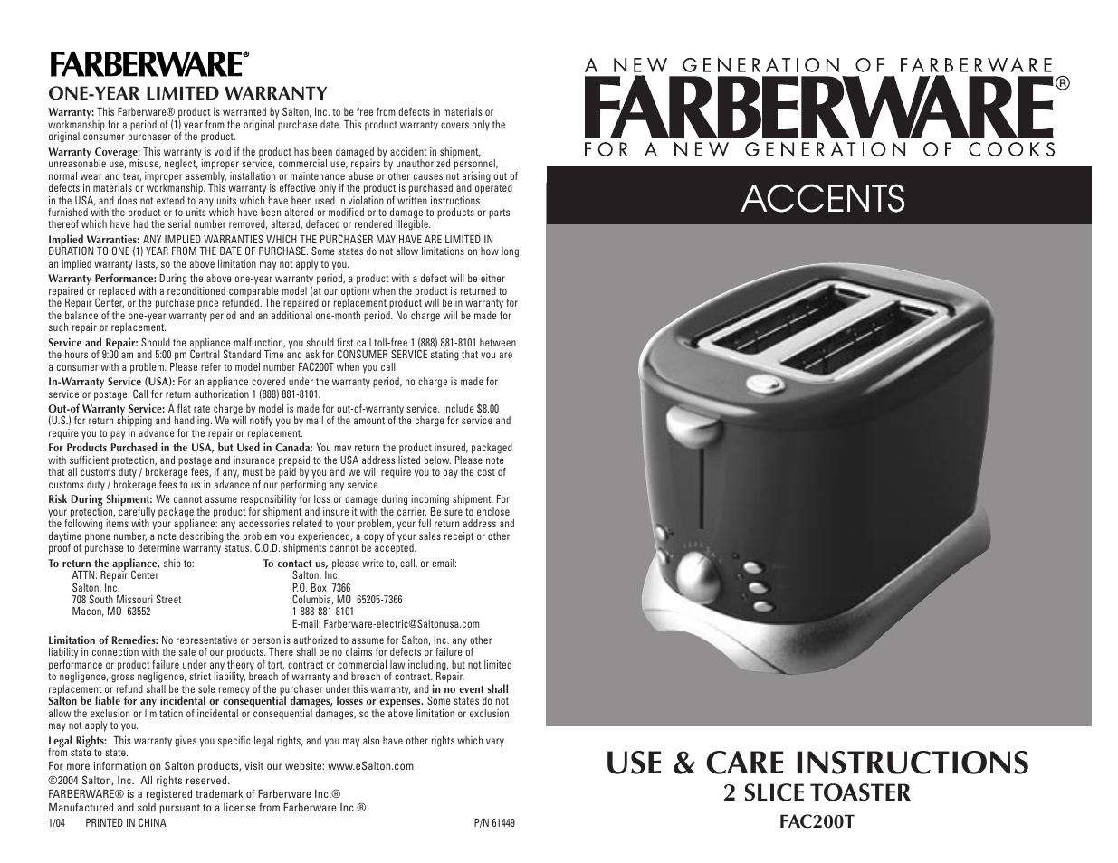 Accents, Use & care instructions, 2 slice toaster | Fac200t one-year limited warranty | FARBERWARE 2 SLICE TOASTER FAC200T User Manual | Page 12 / 12