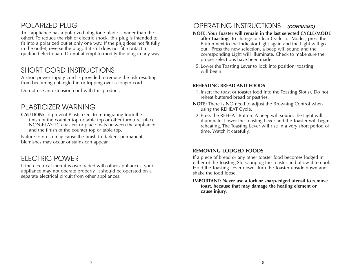 Operating instructions, Polarized plug, Short cord instructions | Plasticizer warning, Electric power | FARBERWARE 2 SLICE TOASTER FAC200T User Manual | Page 4 / 12