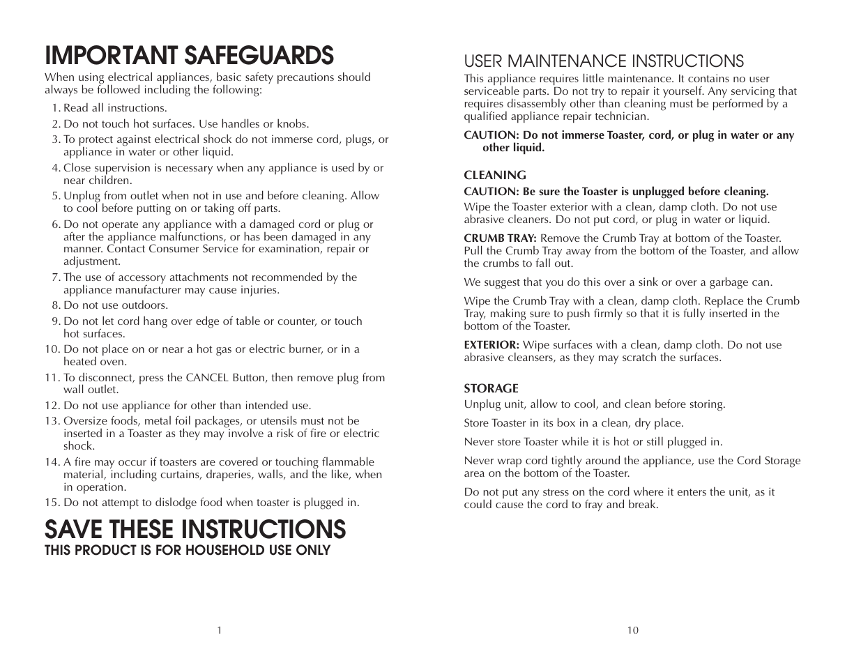 Important safeguards, Save these instructions, User maintenance instructions | FARBERWARE 2 SLICE TOASTER FAC200T User Manual | Page 6 / 12
