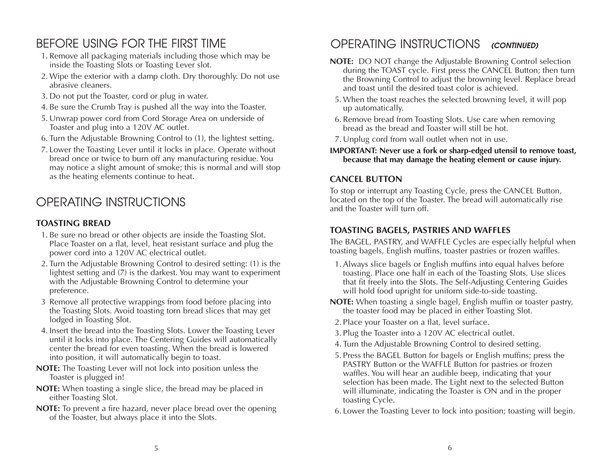 Operating instructions, Before using for the first time | FARBERWARE 2 SLICE TOASTER FAC200T User Manual | Page 7 / 12