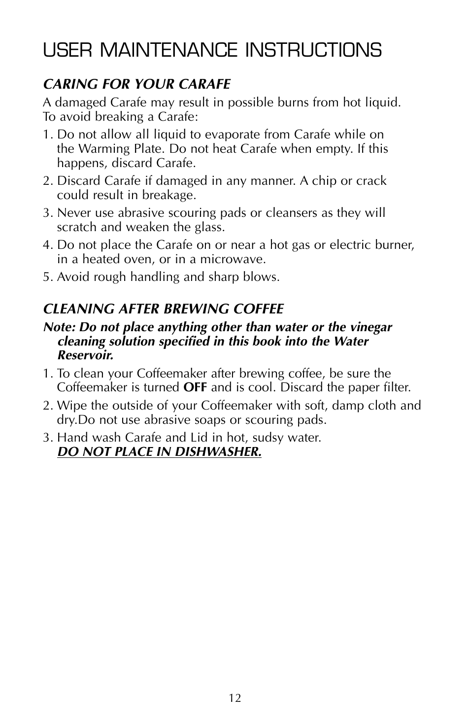User maintenance instructions | FARBERWARE COFFEEMAKER FSCM100 User Manual | Page 13 / 16