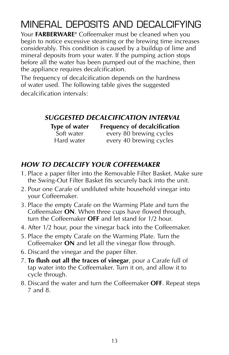 Mineral deposits and decalcifying | FARBERWARE COFFEEMAKER FSCM100 User Manual | Page 14 / 16