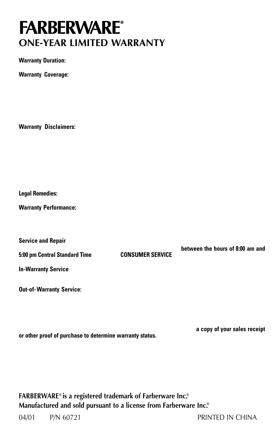 One-year limited warranty, Farberware, Is a registered trademark of farberware inc | FARBERWARE COFFEEMAKER FSCM100 User Manual | Page 16 / 16