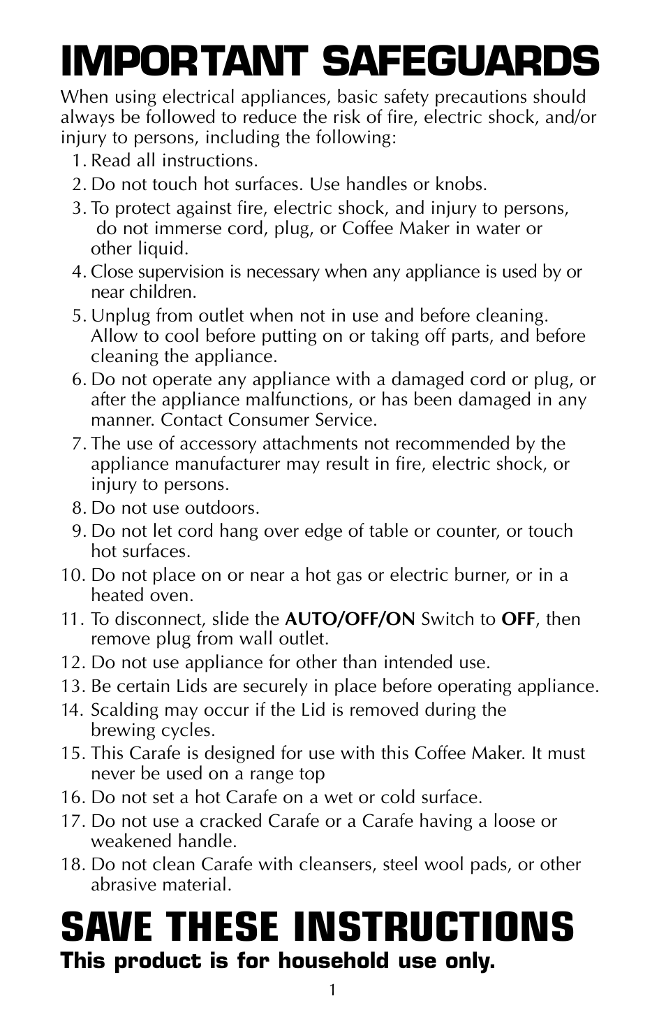 Important safeguards, Save these instructions | FARBERWARE COFFEEMAKER FSCM100 User Manual | Page 2 / 16