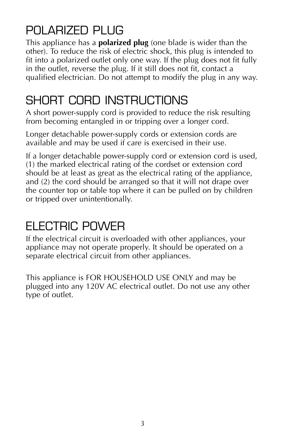 Polarized plug, Short cord instructions, Electric power | FARBERWARE COFFEEMAKER FSCM100 User Manual | Page 4 / 16