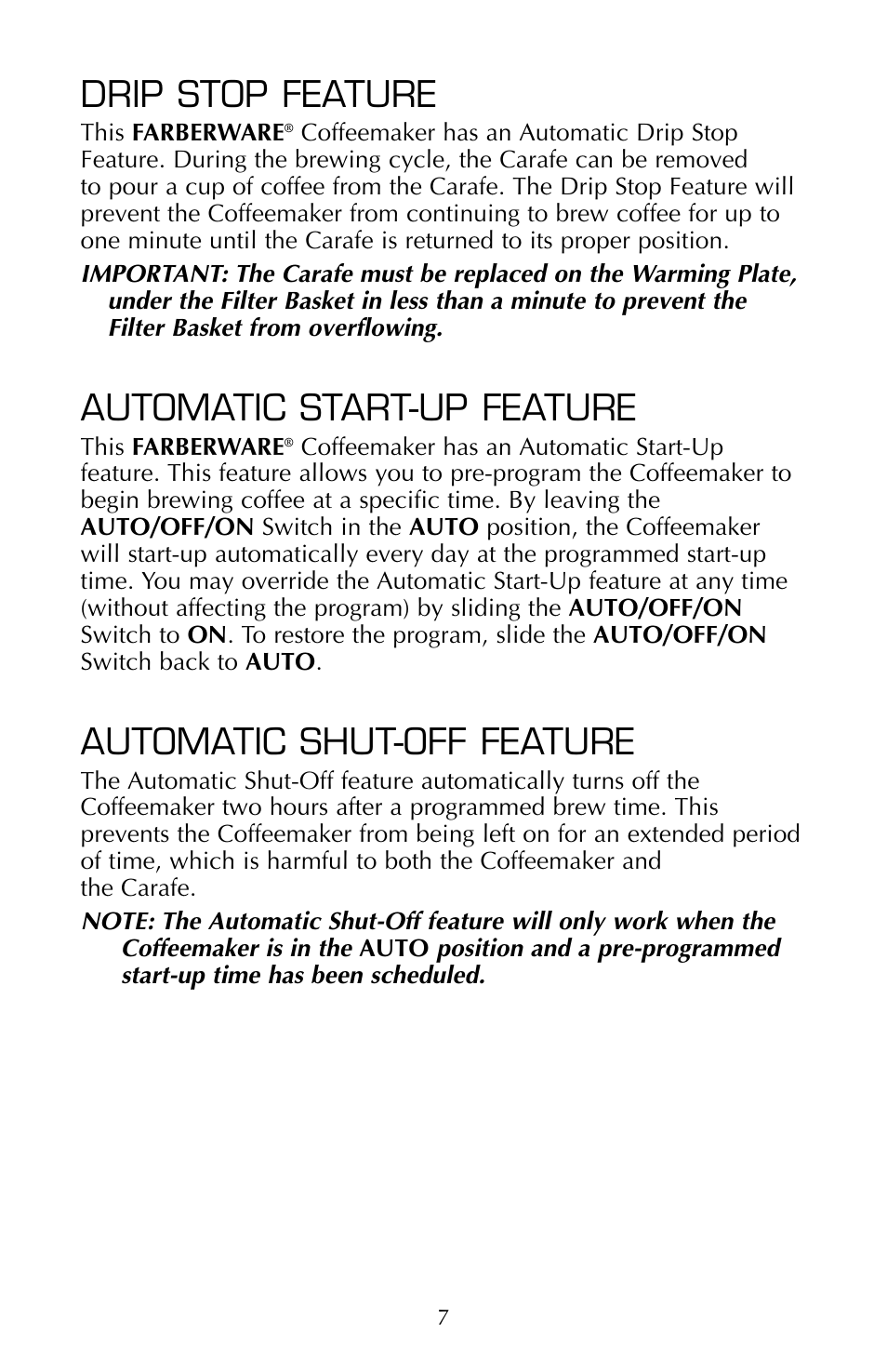 Drip stop feature, Automatic start-up feature, Automatic shut-off feature | FARBERWARE COFFEEMAKER FSCM100 User Manual | Page 8 / 16