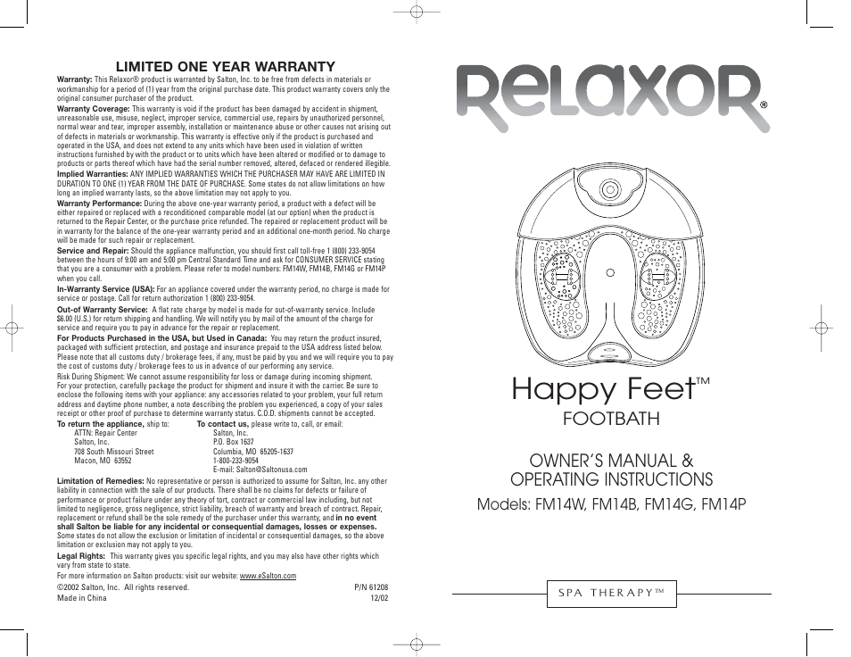 Salton, Inc FOOTBATH FM14W User Manual | 12 pages