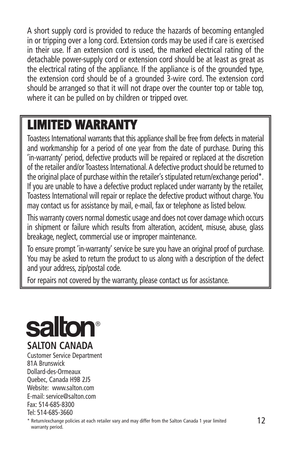 Lliim miitte ed d w wa ar rr ra an ntty y | Salton, Inc JE-1013 User Manual | Page 12 / 12
