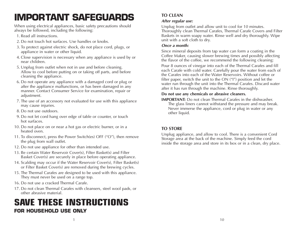 Important safeguards, Save these instructions | FARBERWARE CARAFE COFFEEMAKER FSCM200M User Manual | Page 11 / 12