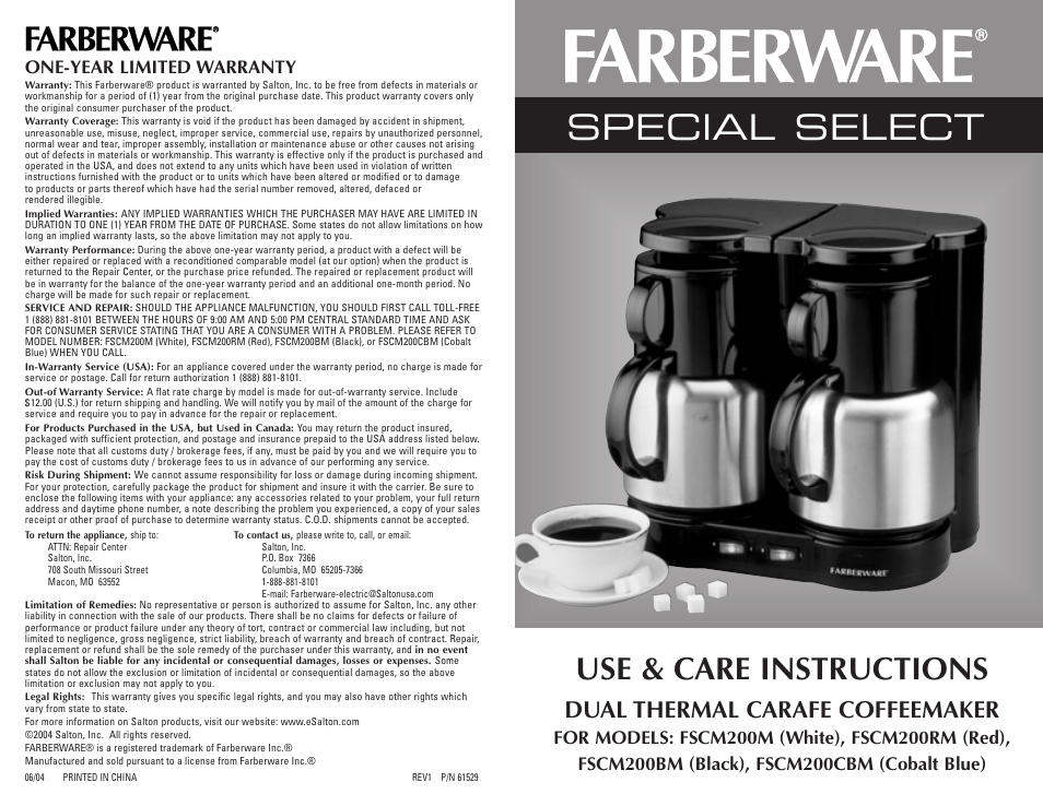 Special select, Use & care instructions, Dual thermal carafe coffeemaker | FARBERWARE CARAFE COFFEEMAKER FSCM200M User Manual | Page 12 / 12