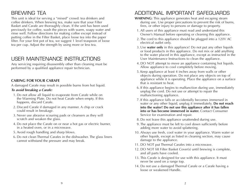 Brewing tea, User maintenance instructions, Additional important safeguards | FARBERWARE CARAFE COFFEEMAKER FSCM200M User Manual | Page 3 / 12