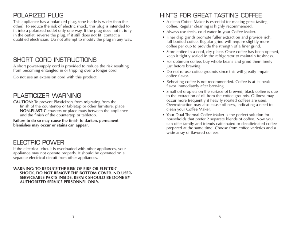 Hints for great tasting coffee, Polarized plug, Short cord instructions | Plasticizer warning, Electric power | FARBERWARE CARAFE COFFEEMAKER FSCM200M User Manual | Page 4 / 12