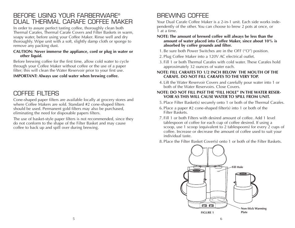 Brewing coffee, Before using your farberware, Dual thermal carafe coffee maker | Coffee filters | FARBERWARE CARAFE COFFEEMAKER FSCM200M User Manual | Page 6 / 12