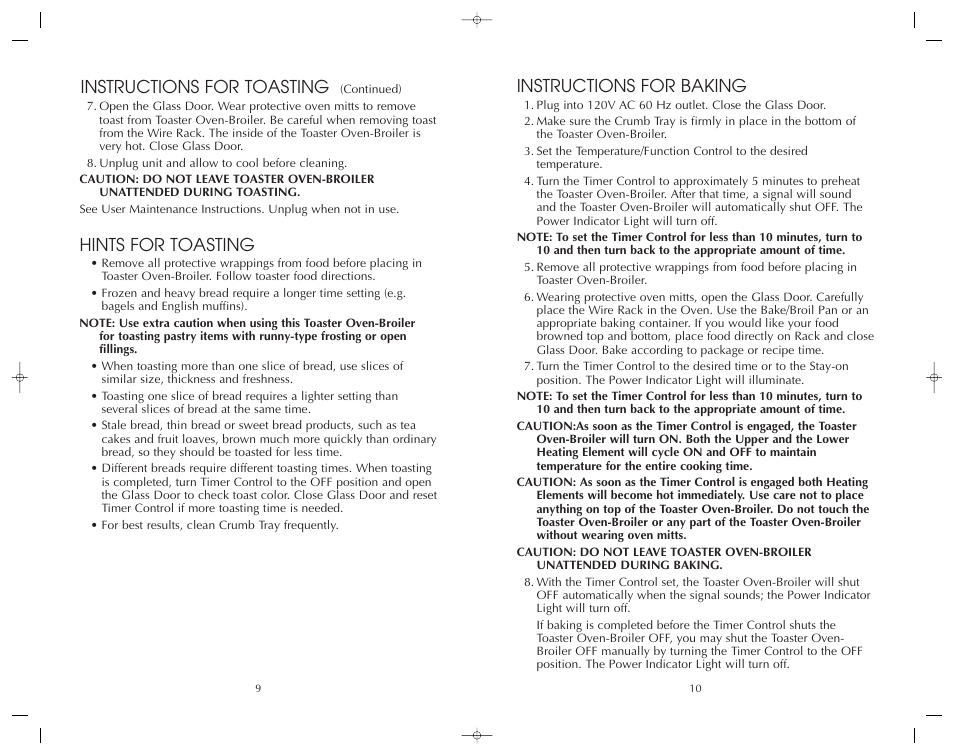 Instructions for baking, Hints for toasting, Instructions for toasting | FARBERWARE 4 SLICE TOASTER OVEN-BROILER FAC800TO User Manual | Page 10 / 20