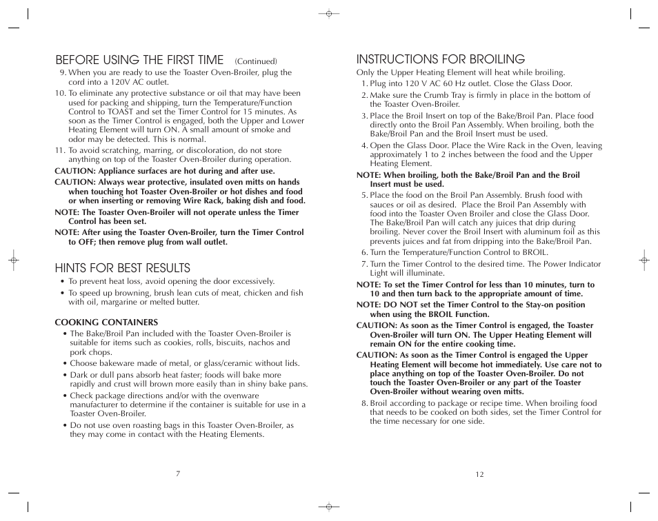 Instructions for broiling, Before using the first time, Hints for best results | FARBERWARE 4 SLICE TOASTER OVEN-BROILER FAC800TO User Manual | Page 13 / 20