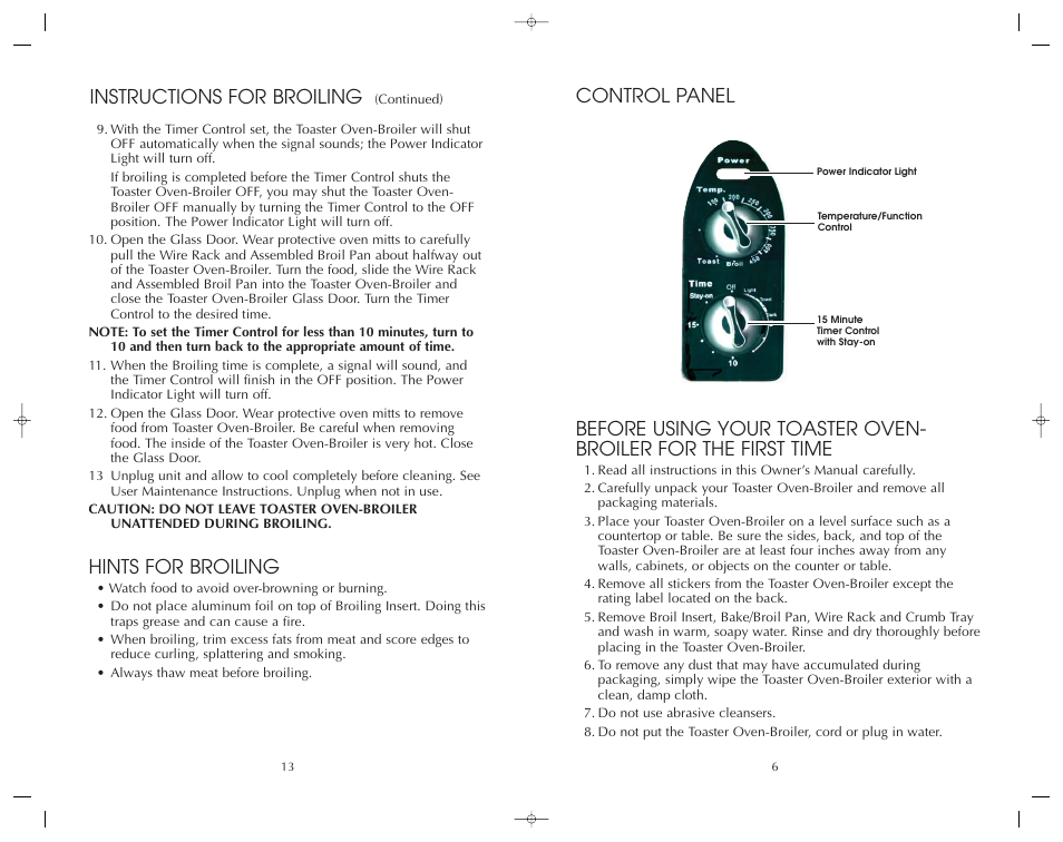 Hints for broiling, Instructions for broiling | FARBERWARE 4 SLICE TOASTER OVEN-BROILER FAC800TO User Manual | Page 14 / 20