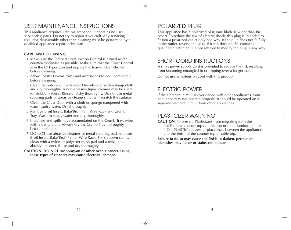 User maintenance instructions, Polarized plug, Short cord instructions | Electric power, Plasticizer warning | FARBERWARE 4 SLICE TOASTER OVEN-BROILER FAC800TO User Manual | Page 16 / 20
