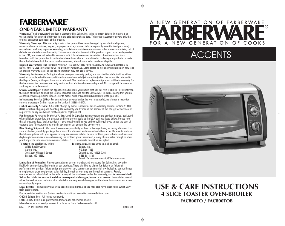 Accents, Use & care instructions, 4 slice toaster oven-broiler | FARBERWARE 4 SLICE TOASTER OVEN-BROILER FAC800TO User Manual | Page 20 / 20