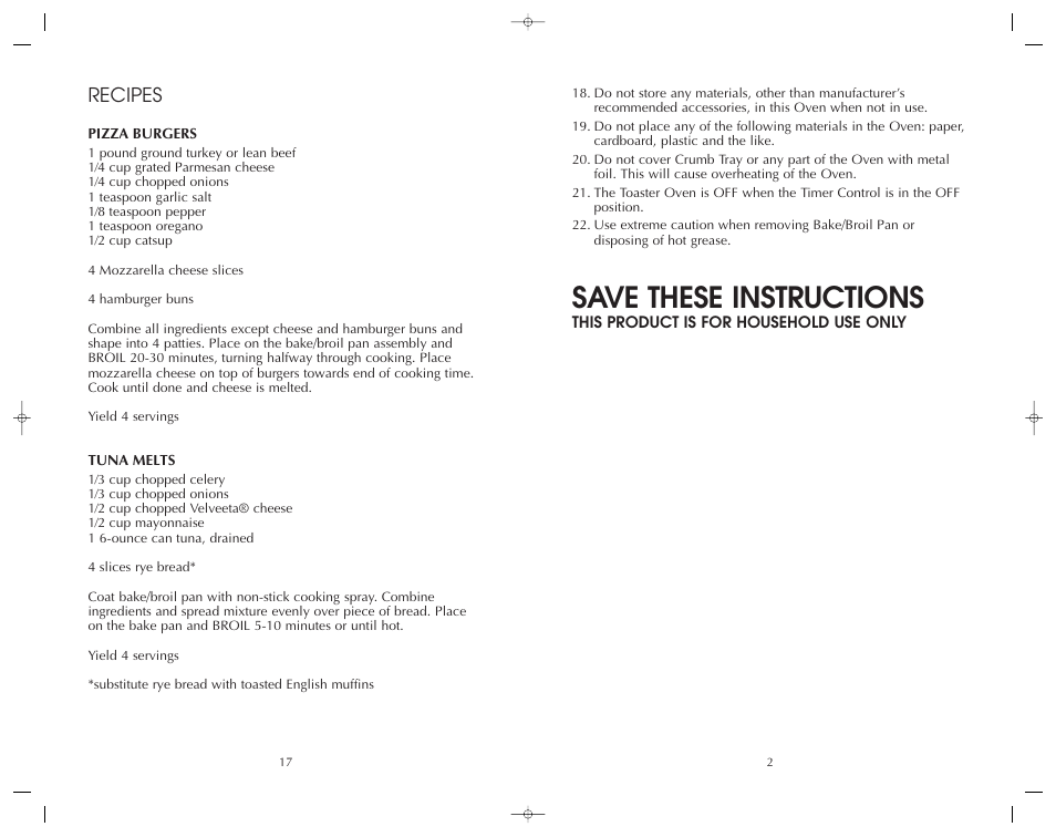 Save these instructions, Recipes | FARBERWARE 4 SLICE TOASTER OVEN-BROILER FAC800TO User Manual | Page 3 / 20