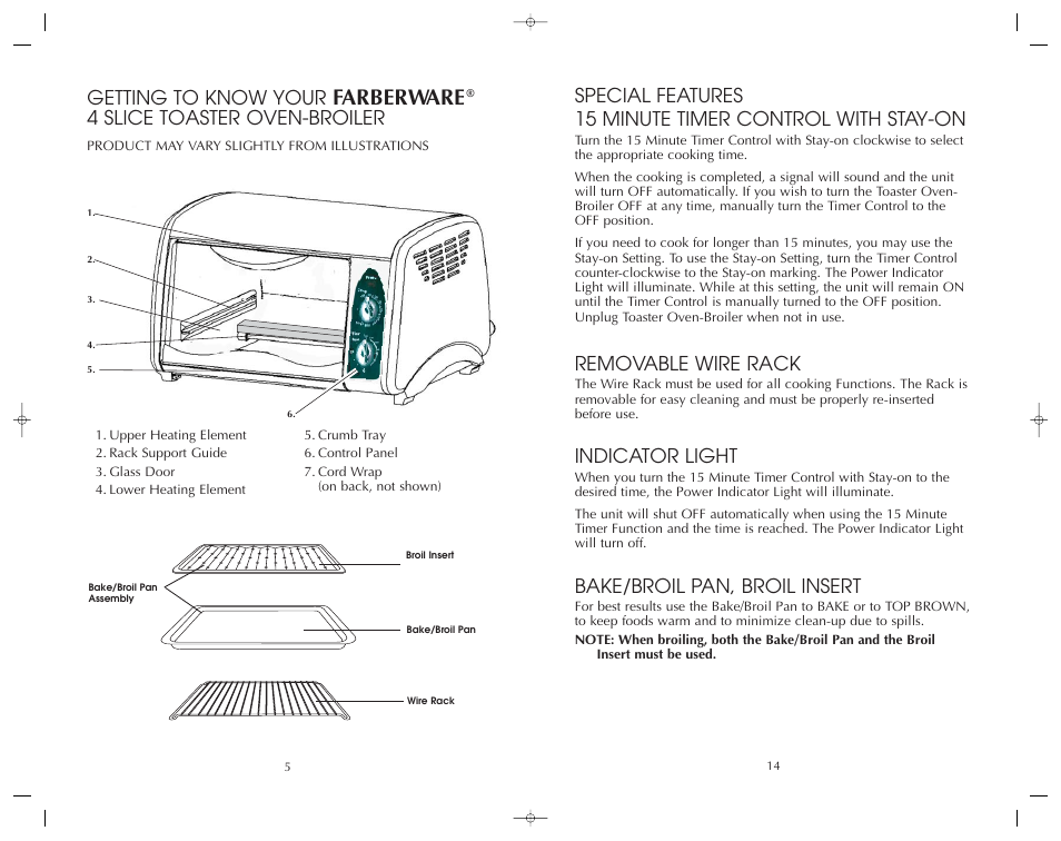 Farberware, Removable wire rack, Indicator light | Bake/broil pan, broil insert, Getting to know your, 4 slice toaster oven-broiler | FARBERWARE 4 SLICE TOASTER OVEN-BROILER FAC800TO User Manual | Page 6 / 20