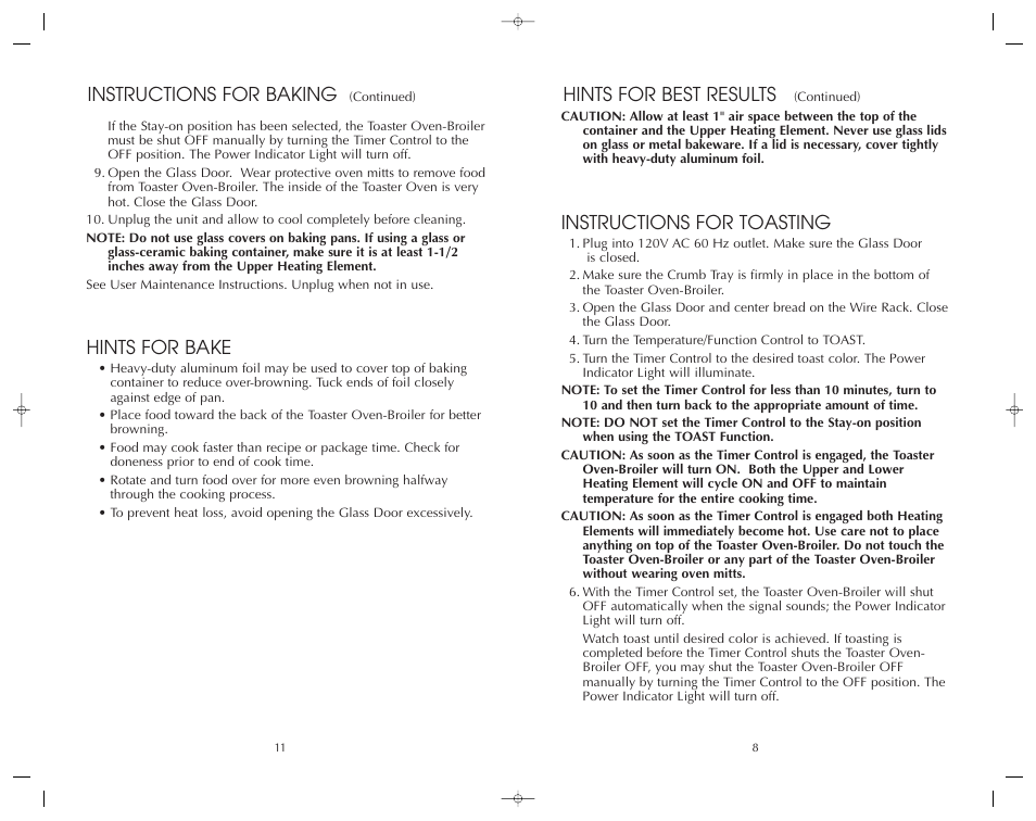 Hints for bake, Instructions for baking, Instructions for toasting | Hints for best results | FARBERWARE 4 SLICE TOASTER OVEN-BROILER FAC800TO User Manual | Page 9 / 20