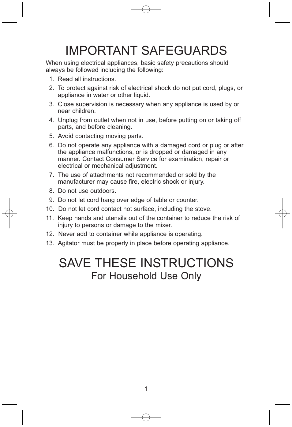 Important safeguards, Save these instructions, For household use only | Salton, Inc WC22 User Manual | Page 2 / 8