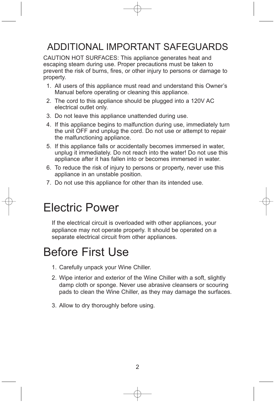 Electric power, Before first use, Additional important safeguards | Salton, Inc WC22 User Manual | Page 3 / 8