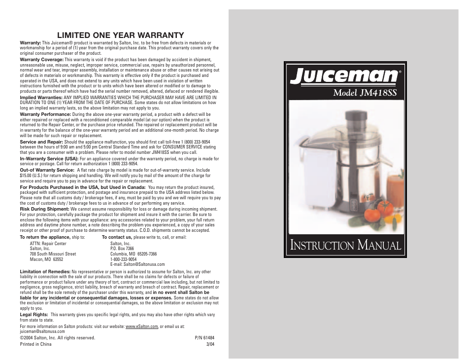 Salton, Inc JM418SS User Manual | 16 pages