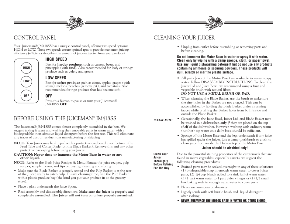 Cleaning your juicer, Control panel, Before using the juiceman | Jm418ss | Salton, Inc JM418SS User Manual | Page 6 / 16