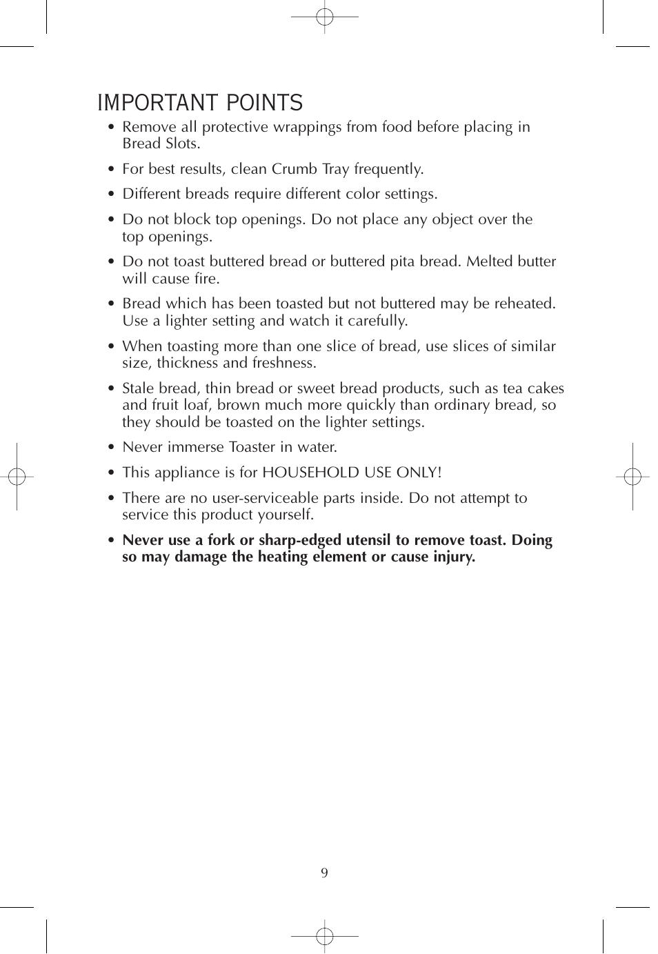 Important points | FARBERWARE 2-SLICE WIDE SLOT TOASTER FPT200 User Manual | Page 10 / 12
