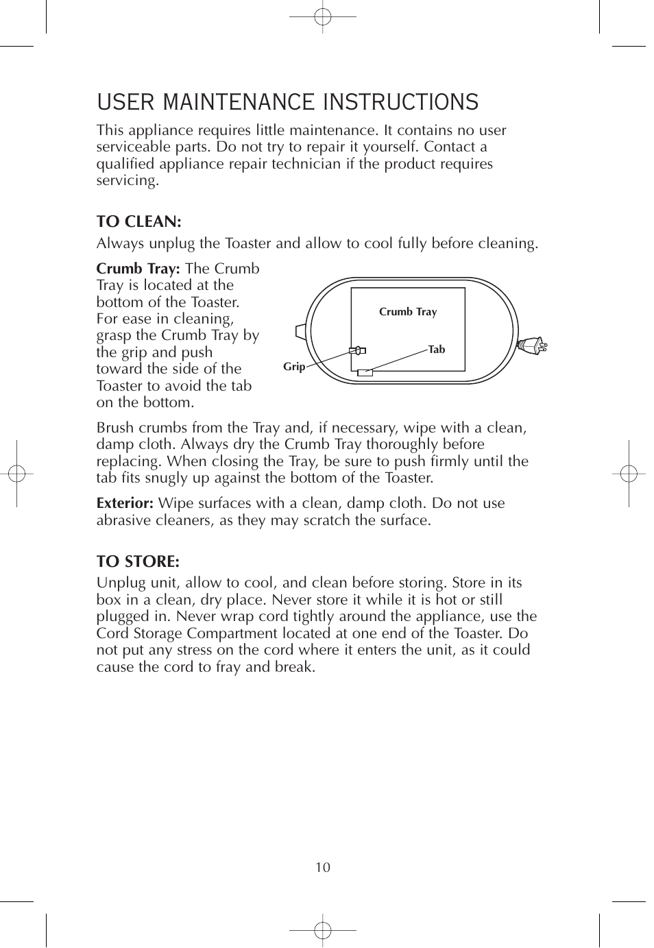 User maintenance instructions | FARBERWARE 2-SLICE WIDE SLOT TOASTER FPT200 User Manual | Page 11 / 12