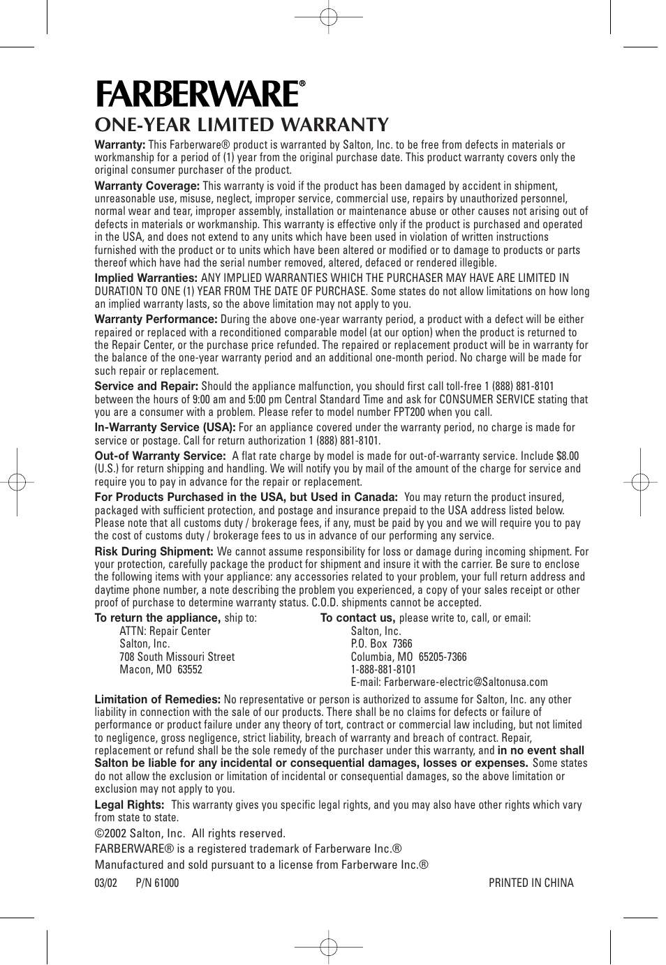 One-year limited warranty | FARBERWARE 2-SLICE WIDE SLOT TOASTER FPT200 User Manual | Page 12 / 12