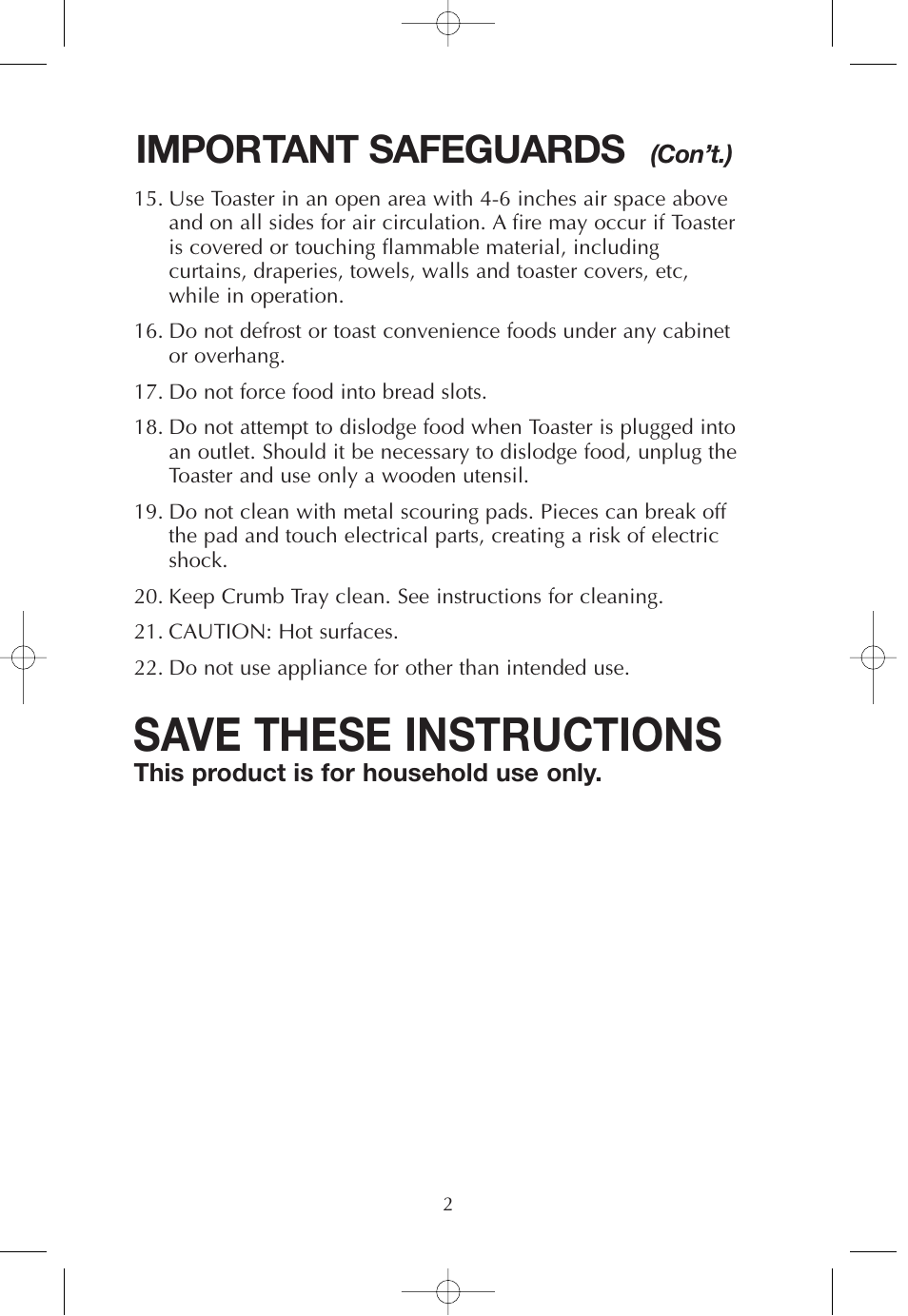 Save these instructions, Important safeguards | FARBERWARE 2-SLICE WIDE SLOT TOASTER FPT200 User Manual | Page 3 / 12