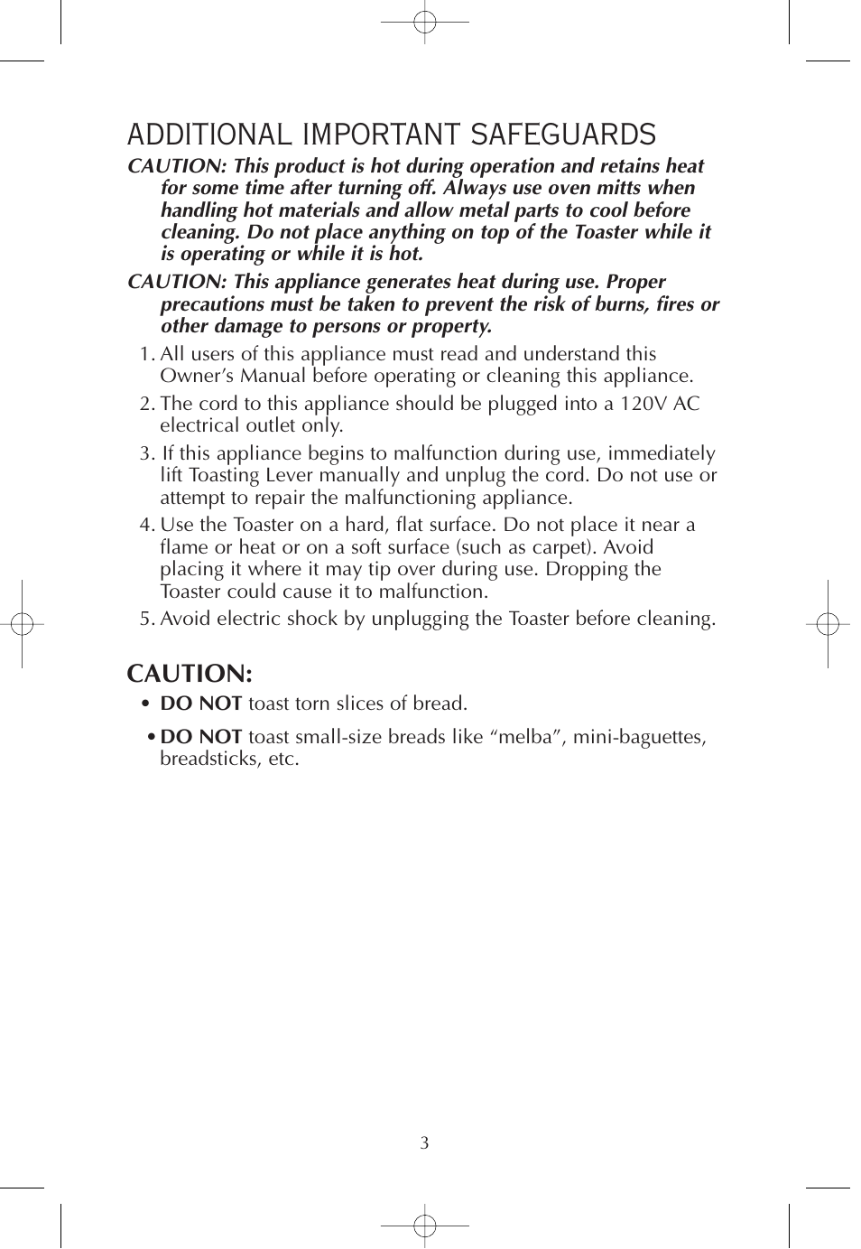 Additional important safeguards, Caution | FARBERWARE 2-SLICE WIDE SLOT TOASTER FPT200 User Manual | Page 4 / 12