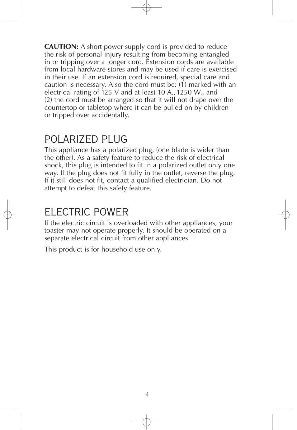 Polarized plug, Electric power | FARBERWARE 2-SLICE WIDE SLOT TOASTER FPT200 User Manual | Page 5 / 12