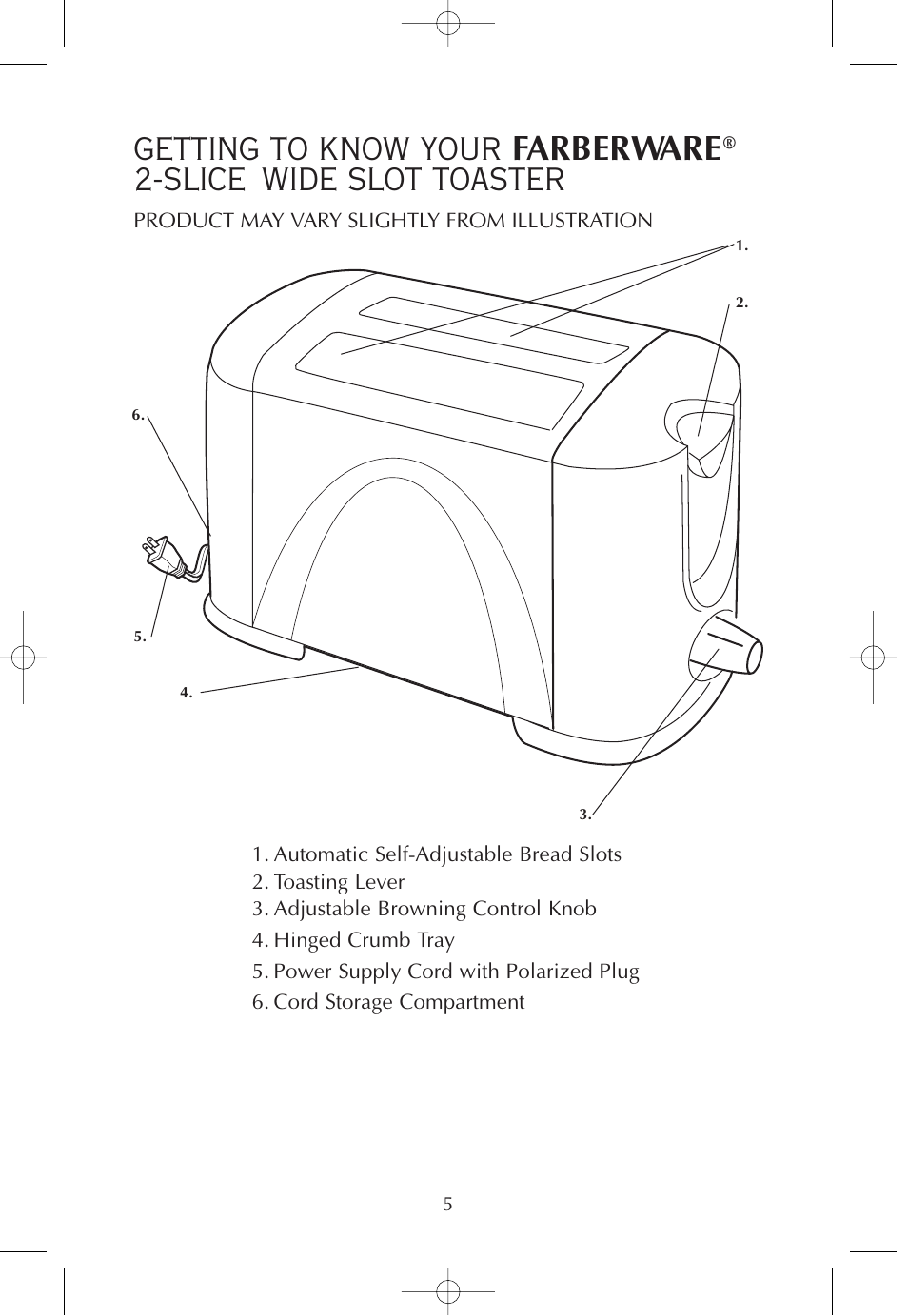 Farberware, Getting to know your, Slice wide slot toaster | FARBERWARE 2-SLICE WIDE SLOT TOASTER FPT200 User Manual | Page 6 / 12
