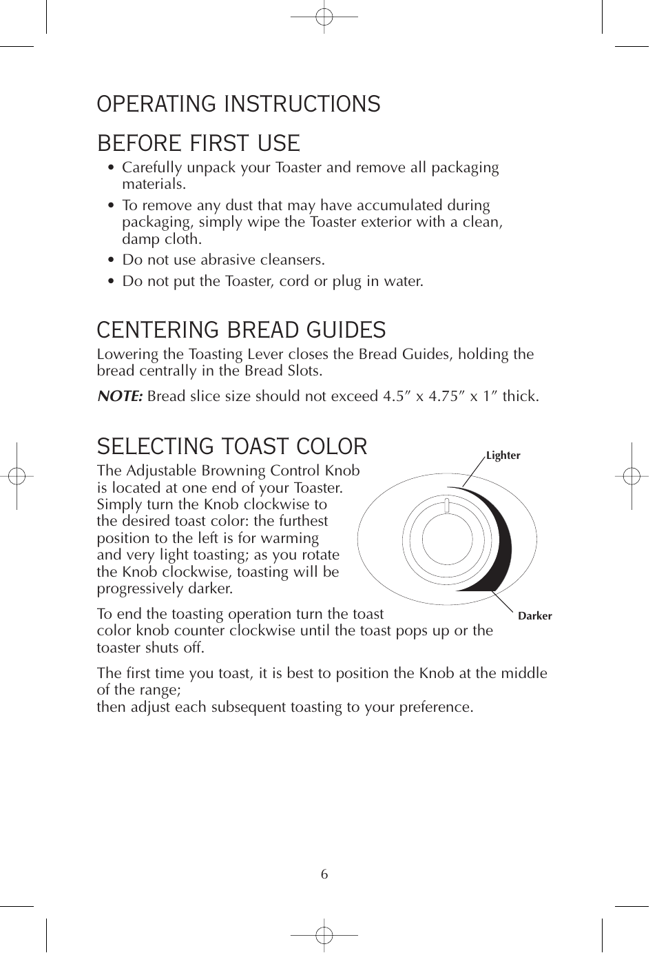 Operating instructions before first use, Centering bread guides, Selecting toast color | FARBERWARE 2-SLICE WIDE SLOT TOASTER FPT200 User Manual | Page 7 / 12